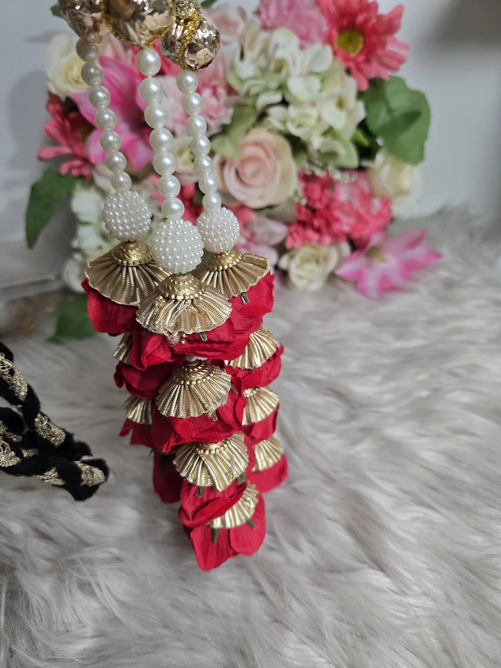 Handcrafted Black & Red Floral Braided Hair Accessory